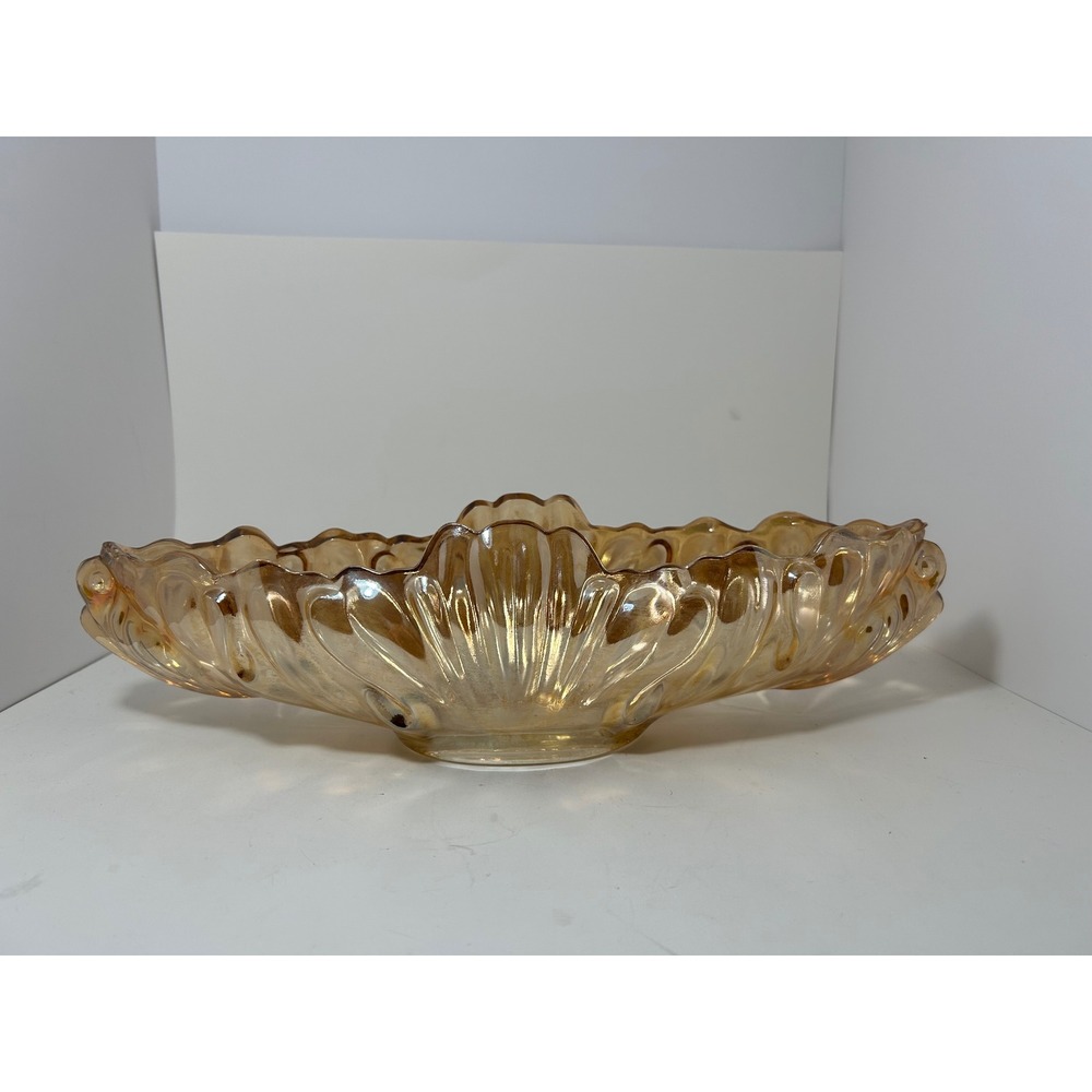 Vintage Indiana Glass Marigold Carnival Glass Iridescent Shell Boat Bowl Amber